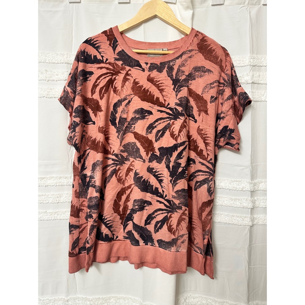 Dantelle Womens Tropical Leaf Print Short Sleeve T-Shirt Coral Pink 1X